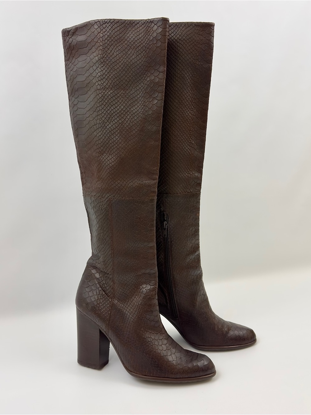 Stuart Weitzman Snake Embossed Leather Over the Knee Boots Brown 9.5